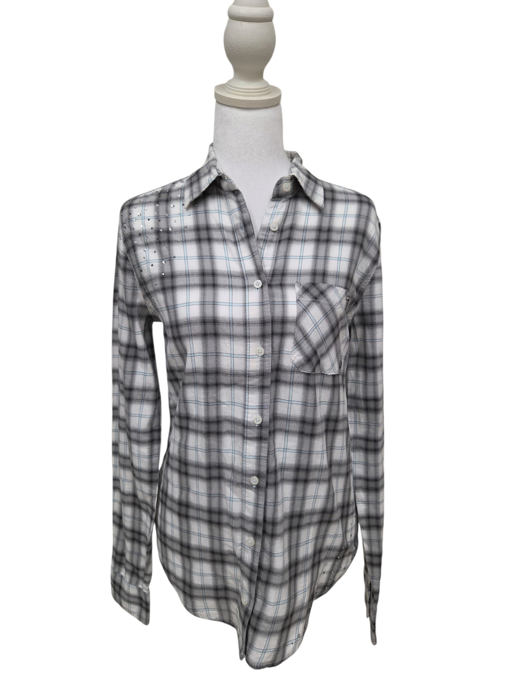 PINK Victoria's Secret White and Gray Plaid Button-Down Shirt with Stud Detail